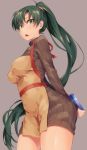  1girl :o alternate_costume apron arms_behind_back blush box breasts brown_sweater cowboy_shot dress eyebrows_visible_through_hair fire_emblem fire_emblem:_rekka_no_ken from_below gift gift_box green_eyes green_hair grey_background high_ponytail highres holding holding_gift long_hair long_sleeves looking_at_viewer looking_down lyndis_(fire_emblem) medium_breasts open_mouth ponytail shinon_(tokage_shuryou) shiny shiny_hair simple_background solo standing sweater sweater_dress thighs turtleneck turtleneck_sweater valentine very_long_hair yellow_neckwear 