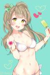  1girl artist_name bangs bikini blue_background blush bracelet breasts brown_hair collarbone flower heart hibiscus highres jewelry long_hair looking_at_viewer love_live! love_live!_school_idol_project medium_breasts minami_kotori navel one_side_up open_mouth smile solo swimsuit white_bikini yamada_328 yellow_eyes 