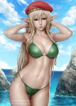  1girl alleyne_(queen&#039;s_blade) armpits arms_behind_head bangs bare_arms bare_shoulders beret bikini blonde_hair blue_eyes blue_sky braid breasts closed_mouth clouds commentary contrapposto cowboy_shot dated day deviantart_username elf green_bikini hair_between_eyes hands_up hat highres large_breasts leaf_bikini legs_together lips long_hair looking_at_viewer mirco_cabbia navel ocean outdoors patreon_username pointy_ears queen&#039;s_blade red_hat revision rock side-tie_bikini signature sky solo standing swimsuit thigh_gap wading water watermark wet 