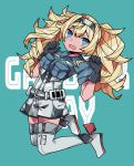  1girl black_gloves blonde_hair blue_eyes blush boots breast_pocket breasts buttons gambier_bay_(kantai_collection) gloves hair_between_eyes hairband highres kantai_collection large_breasts long_hair looking_at_viewer messy_hair open_mouth pocket rirashi shorts solo thigh-highs thigh_boots twintails 