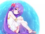  1girl armlet bubble dress from_side grimms_notes highres knees_to_chest long_hair natsu_(927013) purple_hair sandals sitting smile solo the_little_mermaid the_little_mermaid_(andersen) violet_eyes water white_dress 