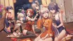  6+girls 791_(meiyuewudi) barefoot benghuai_xueyuan black_hair black_legwear blue_eyes blush breasts brown_eyes brown_hair character_request china_dress chinese_clothes closed_mouth dress drill_hair facing_away flower grey_eyes grey_hair hair_flower hair_ornament honkai_impact indoors large_breasts looking_at_another multiple_girls open_mouth purple_hair seiza short_hair sitting small_breasts smile teeth thigh-highs twin_drills yae_sakura_(benghuai_xueyuan) 