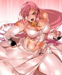  1girl artist_name bare_shoulders bowalia braid breasts cleavage clenched_hands elbow_gloves fingerless_gloves gloves jewelry long_hair navel navel_piercing necklace open_mouth original piercing pink_hair red_eyes skirt solo sweat swimsuit teeth tongue 