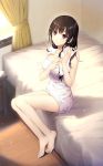  1girl alpha_(yukai_na_nakamatachi) black_hair long_hair naked_towel on_bed sitting sitting_on_bed solo towel wooden_floor 