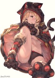  1girl alternate_costume animal_ears animal_hood black_panties blonde_hair blurry blush bow bow_panties breasts brown_eyes capelet cat_ears cat_tail depth_of_field djeeta_(granblue_fantasy) fake_animal_ears fur_trim gloves granblue_fantasy grass head_tilt highres hood hood_up kemonomimi_mode looking_at_viewer medium_breasts milli_little navel no_pants open_mouth panties parted_lips paw_gloves paw_shoes paws shoes short_hair simple_background sitting solo spread_legs tail under_boob underwear white_background 