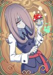 1girl eyebrows_visible_through_hair hair_over_one_eye highres holding holding_wand kjech little_witch_academia long_hair long_sleeves looking_at_viewer mushroom pink_hair red_eyes solo sucy_manbavaran wand 