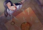  1girl artist_request black_hair blush breasts cleavage closed_eyes collarbone copyright_request cup drooling fart food fruit highres japanese_clothes kotatsu large_breasts long_hair off_shoulder open_mouth orange sleeping table teacup translation_request 