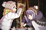  2girls :d beanie blue_eyes blush bowl brown_gloves castle_of_cagliostro closed_mouth commentary_request eyebrows_visible_through_hair fingerless_gloves food from_side gloves hair_ornament hairclip hat holding holding_food kagamihara_nadeshiko long_sleeves lupin_iii meatball multiple_girls night open_mouth outdoors parody pasta pink_eyes pink_hair purple_hair scarf shima_rin sideways_mouth smile spaghetti steam striped striped_scarf tree ueyama_michirou white_coat yurucamp 