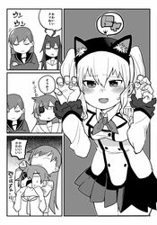  4girls =_= ahoge anger_vein animal_ears arm_grab blush cat_ears chestnut_mouth closed_eyes closed_mouth comic crossed_arms double-breasted epaulettes eyebrows_visible_through_hair eyepatch fangs fingernails frilled_sleeves frills greyscale hair_between_eyes hairband headlock highres kantai_collection kashima_(kantai_collection) kiso_(kantai_collection) kuma_(kantai_collection) leaning_forward long_hair long_sleeves maku-raku military military_uniform monochrome multiple_girls neckerchief nodding ooi_(kantai_collection) open_mouth pleated_skirt sailor_collar school_uniform serafuku shaded_face sidelocks skirt smile speech_bubble sweat translation_request twintails uniform wavy_hair 