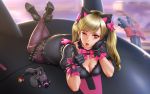  1girl ;d animal_ears back black_cat_d.va black_dress black_gloves blonde_hair breasts cat_ears cleavage d.va_(overwatch) dress gloves gun hand_rest high_heels highres horiishi_horuto long_hair looking_at_viewer lying on_stomach one_eye_closed open_mouth overwatch pantyhose pointing pointing_at_viewer purple_legwear smile solo twintails weapon 