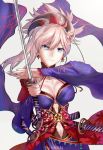  1girl blue_eyes breasts cleavage collarbone earrings eyebrows_visible_through_hair fate/grand_order fate_(series) floating_hair grey_background hair_between_eyes head_tilt highres holding holding_sword holding_weapon jewelry katana long_hair looking_at_viewer medium_breasts mian.h miyamoto_musashi_(fate/grand_order) navel navel_cutout necklace pink_hair ponytail sheath simple_background smile solo sword upper_body weapon 