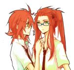  alternate_hairstyle asch glasses green_eyes hair_ornament hairclip long_hair lowres luke_fon_fabre male multiple_boys necktie open_clothes ponytail red_hair redhead short_hair tales_of_(series) tales_of_the_abyss white_background xd_(daisuke2008) 