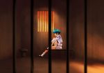  blue_hair bou game_cg green_hair leg_up muvluv prison scenery school_uniform short_hair sitting skirt socks sunset window yoroi_mikoto 