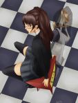  bad_id black_legwear black_thighhighs brown_eyes brown_hair checkerboard checkered checkered_floor earrings glasses highres himiko_(persona_4) houndstooth jewelry kujikawa_rise lipstick long_hair mimura_aki miniskirt persona persona_4 pleated_skirt school_uniform shadow sitting skirt smile spread_legs television thigh-highs thighhighs twintails 