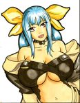  blue_hair breasts cleavage dizzy large_breasts long_hair red_eyes ribbon smile 