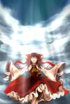  bow closed_eyes detached_sleeves hair_bow hakurei_reimu highres outstretched_arms peaceibakei sky spread_arms touhou 