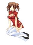  brown_eyes brown_hair china_dress chinadress chinese_clothes cleavage_cutout highres original silent123 single_shoe thigh-highs thighhighs 