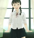  black_hair braid green_eyes mosuko school_uniform smile twin_braids 