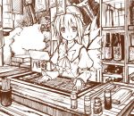  bottle brown eho_(icbm) food_stand grill hat kaiho monochrome mystia_lorelei open_mouth saigyouji_yuyuko short_hair sketch smile touhou wallpaper wings yatai 