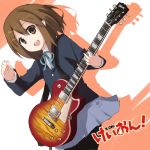  brown_hair guitar guitar_pick h@ll hair_ornament hairclip hall hirasawa_yui instrument k-on! les_paul pantyhose plectrum school_uniform serafuku shadow short_hair skirt solo 