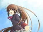  genkai_madika hands little_busters! little_busters!! long_hair looking_back natsume_rin open_mouth outstretched_arm outstretched_hand plaid plaid_skirt ponytail reaching red_eyes school_uniform skirt smile tartan very_long_hair 