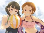  beachball black_hair brown_hair casual_one-piece_swimsuit mosuko one-piece_swimsuit red_eyes smile swimsuit tankini 