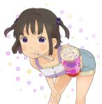  food hair_bobbles hair_ornament hand_on_thigh ice_cream mosuko mouth_hold purple_eyes short_hair smile spoon star starry_background twintails violet_eyes 