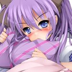  bad_id betty_(pixiv) blue_eyes blush hair_ribbon hiiragi_kagami long_hair lucky_star pillow purple_hair ribbon twintails 