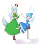  barefoot blue_eyes blue_hair bow cirno ex-keine ex_keine formerly green_hair hair_bow horns kamishirasawa_keine long_hair multiple_girls red_eyes short_hair tail touhou translated vedasisme wine wings 