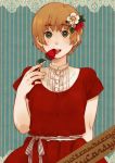  brown_hair food food_themed_clothes fruit green_eyes mosuko strawberry 