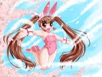   animal_ears brown_eyes brown_hair rabbit_ears bunnysuit cherry_blossoms flat_chest jumping long_hair open_mouth pekepeke smile twintails  