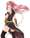  bare_shoulders detached_sleeves green_eyes hand_on_hip headset highres long_hair looking_back megurine_luka pink_hair ranmaru_(iro) side_slit thigh-highs thighhighs vocaloid 