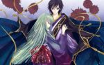  1girl blue_eyes c.c. cc code_geass couple green_hair japanese_clothes kimono lelouch_lamperouge long_hair looking_back meimi very_long_hair 
