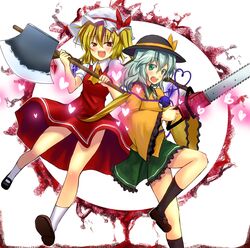  axe blonde_hair chainsaw dress flandre_scarlet green_eyes hat heart heart_of_string komeiji_koishi multiple_girls red_eyes ribbon short_hair touhou tsujigiri tujigiri weapon yandere 