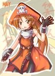 brown_eyes brown_hair dress fingerless_gloves gloves guilty_gear hat kamashi long_hair may may_(guilty_gear) pantyhose pirate pirate_hat ponytail red_dress skull_and_crossbones standing 