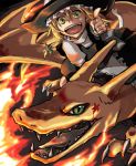  :d blonde_hair blood bow charizard crossover fire green_eyes hair_bow hat kirisame_marisa kuroda_(artist) kuroda_(pixiv260283) nintendo open_mouth pointing pokemon ribbon riding smile star touhou witch witch_hat yellow_eyes 