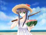 beach blue_hair bokken dress green_eyes hat kanon kawasumi_mai long_hair mitsuha ponytail straw_hat suikawari sword watermelon 