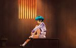  blue_hair bou game_cg highres leg_up muvluv prison scenery school_uniform short_hair sitting skirt socks sunset window yoroi_mikoto 