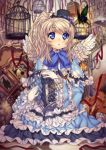  blue_eyes blush brown_hair butterfly cage dress frills gothic_lolita hat kink long_hair mini_top_hat top_hat wings 