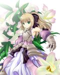  armored_dress bad_id blonde_hair dress fate/stay_night fate/unlimited_codes fate_(series) flower gauntlets green_eyes ponytail saber saber_lily solo takanasi123 