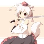  animal_ears barefoot detached_sleeves hat inubashiri_momiji machily miko_machi red_eyes short_hair silver_hair simple_background solo sword tail tokin_hat touhou weapon white_hair wolf_ears wolf_tail 