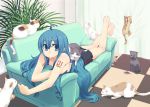  alternate_hairstyle barefoot blue_eyes blue_hair casual cat chan_co couch feet hair_down hatsune_miku long_hair lying nail_polish on_stomach pocky skirt too_many_cats vocaloid 