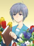  bad_id book cardigan english flower nagato_yuki purple_eyes school_uniform short_hair silver_hair suzumiya_haruhi_no_yuuutsu violet_eyes 