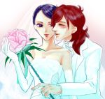  black_hair blush bride dress elbow_gloves flower gloves gundam gundam_00 kati_mannequin kiwi_no_jin mole patrick_colasour purple_eyes rose short_hair spoilers violet_eyes wedding wedding_dress 