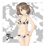  brown_eyes cardigan cow_print cow_tail hairband hairbrand horns lowleg lowleg_bikini original short_hair swimsuit tail yukinabe 