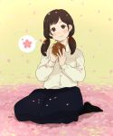  brown_eyes brown_hair bun cherry_blossoms eating food hands kneeling mosuko ribbon skirt twintails 