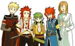  asch asch_(cosplay) belt blonde_hair blue_eyes brown_hair cosplay costume_switch crossover glasses green_eyes guy_cecil guy_cecil_(cosplay) hair_tubes happy hyu_ga ion ion_(cosplay) jade_curtiss jade_curtiss_(cosplay) long_hair luke_fon_fabre luke_fon_fabre_(cosplay) male multiple_boys ponytail red_hair redhead robe short_hair surcoat sword tales_of_(series) tales_of_the_abyss weapon white_background 