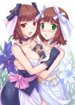  :d :o amami_haruka between_breasts blush breast_press breasts brown_hair cool_&amp;_sexy_(idolmaster) cute_&amp;_girly_(idolmaster) dark_haruka dual_persona flower gloves green_eyes hair_ribbon hidebou hug idolmaster multiple_girls open_mouth producer_(idolmaster) red_eyes ribbon short_hair skirt smile symmetrical_docking tareme tsurime 