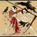  bird japanese_clothes monster original raiu scythe skeleton torn_clothes 