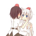  black_hair blue_eyes blush cheek_pinch cheek_pinching detached_sleeves hat inubashiri_momiji natsuk pinching shameimaru_aya tokin_hat touhou white_hair wolf_ears 